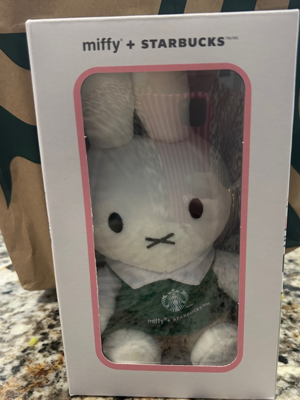 Starbucks White Plush Bunny with Green Apron and Pink Trim Box
